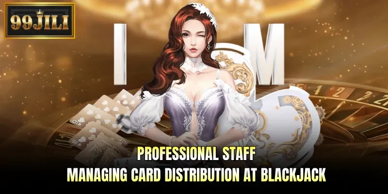Professional staff managing card distribution at blackjack